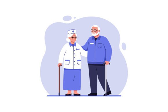 Elderly Nurse Woman and Senior Man with